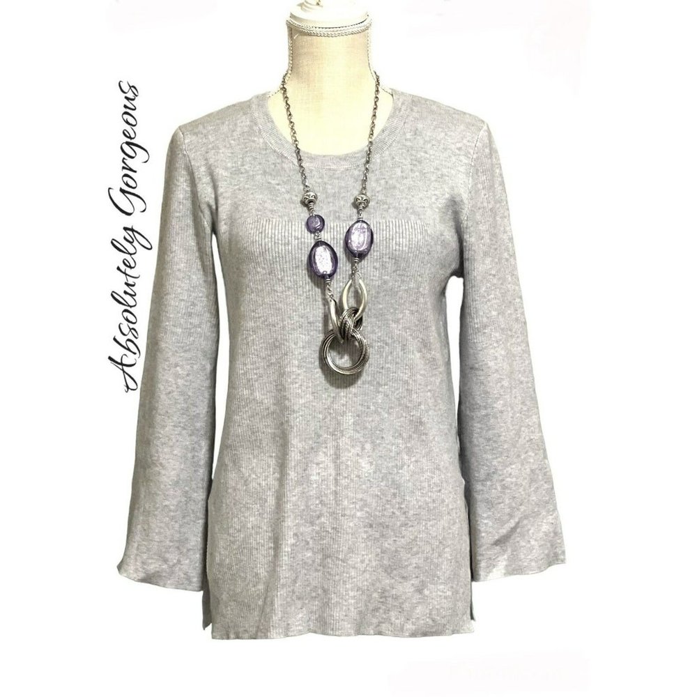 ELLEN TRACY LARGE STRETCHABLE GREY BELL SLEEVE CREW NECK PULLOVER SWEATER TOP
